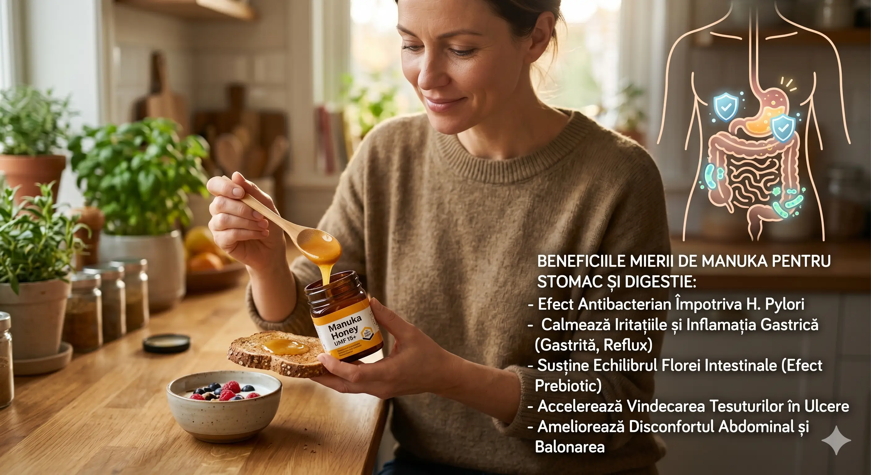 Miere monofloră de Manuka aurie turnându-se dintr-un recipient